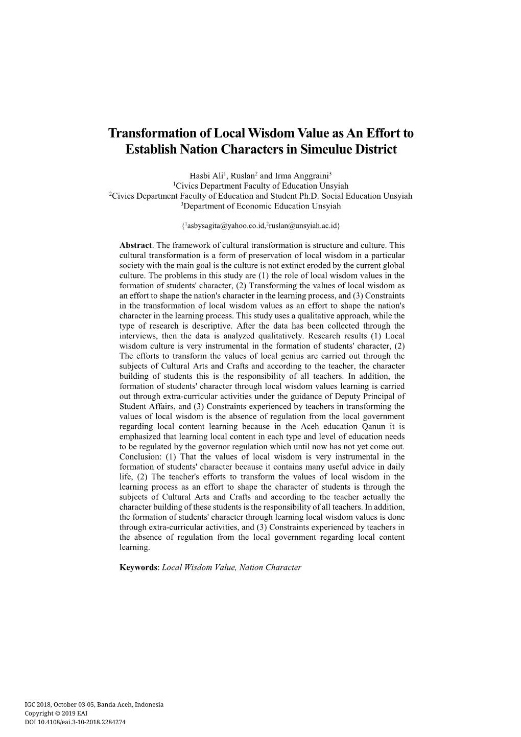 Transformation of Local Wisdom Value As an Effort to Establish Nation Characters in Simeulue District