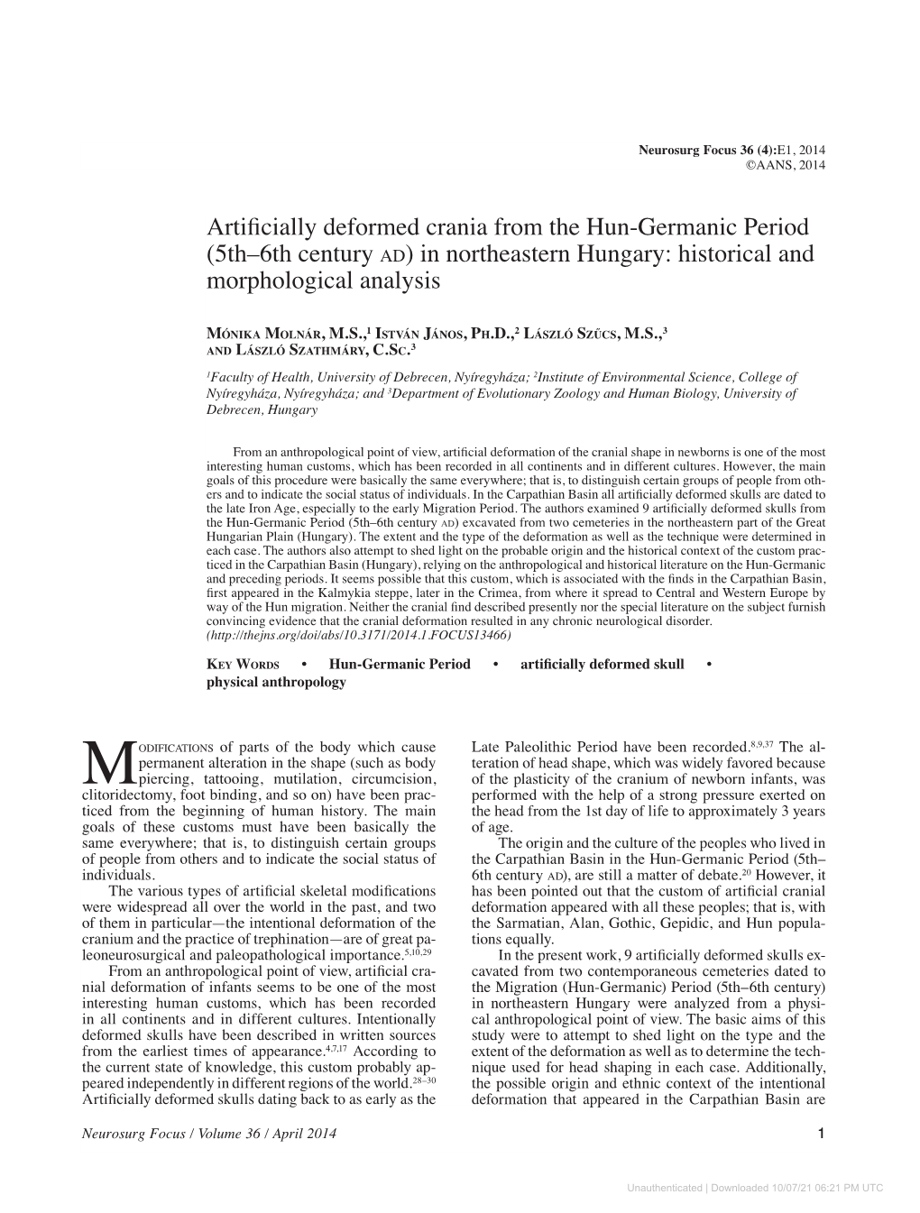 Artificially Deformed Crania from the Hun-Germanic Period (5Th–6Th Century Ad) in Northeastern Hungary: Historical and Morphological Analysis