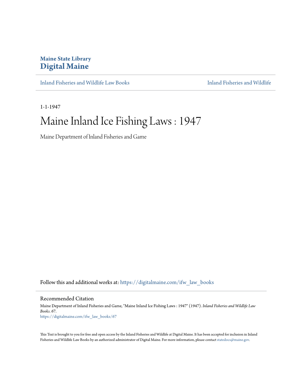 Maine Inland Ice Fishing Laws : 1947 Maine Department of Inland Fisheries and Game