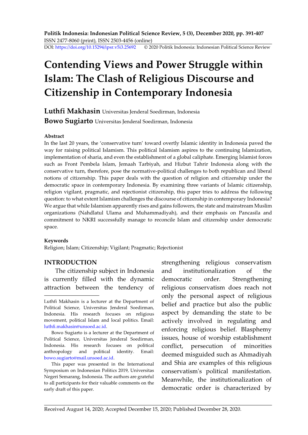 Contending Views and Power Struggle Within Islam: the Clash of Religious Discourse and Citizenship in Contemporary Indonesia