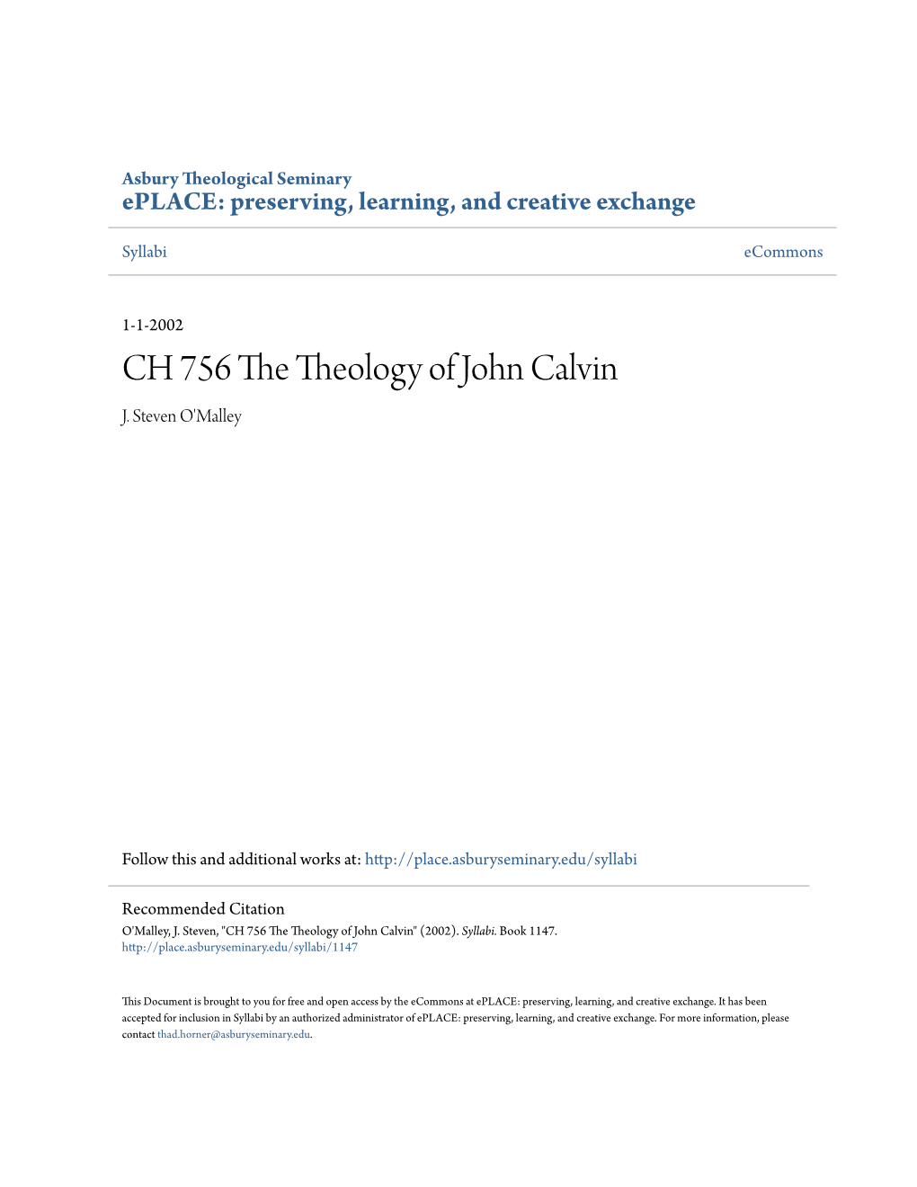 CH 756 the Theology of John Calvin J