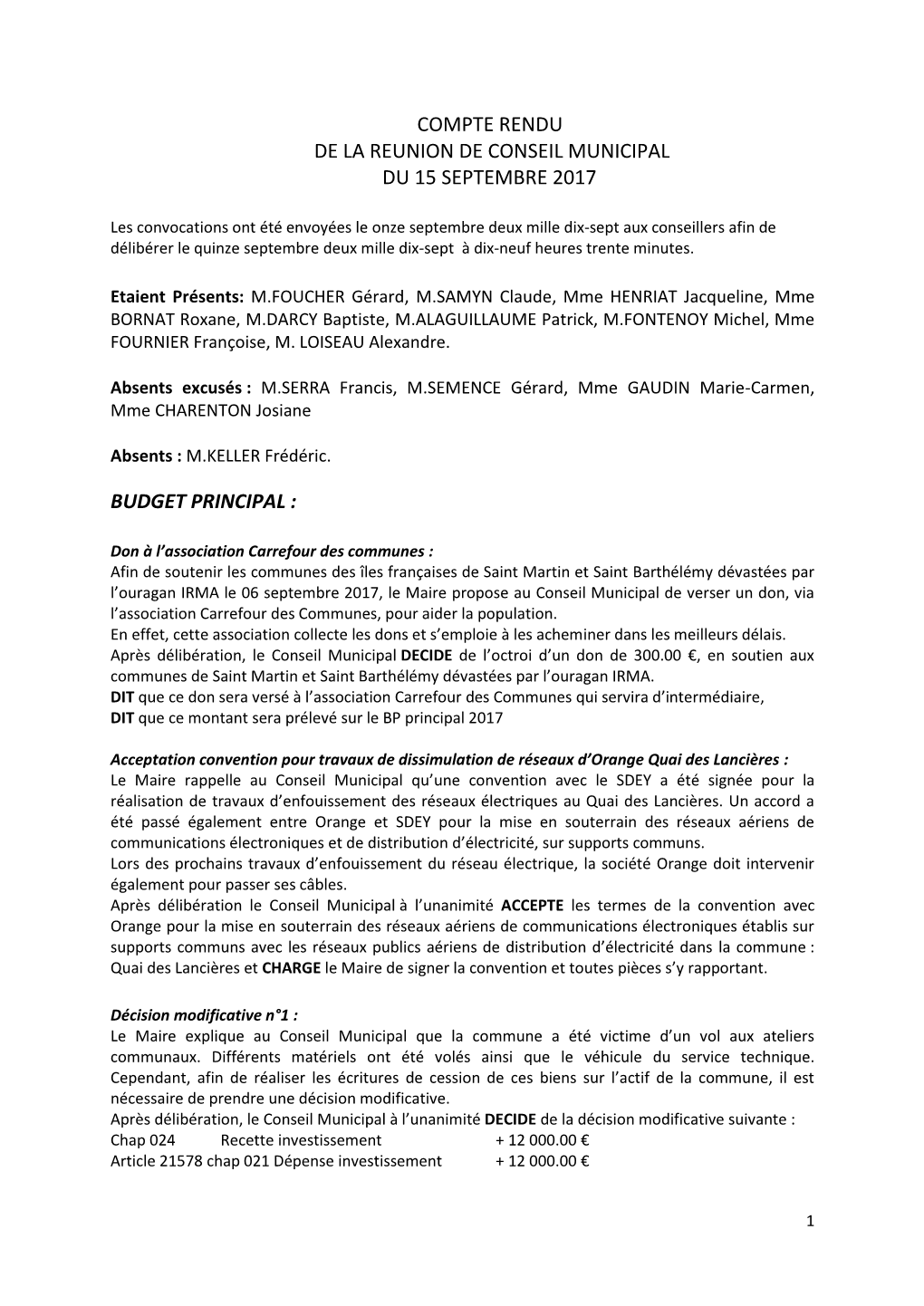 Compte Rendu De La Reunion De Conseil Municipal Du 15 Septembre 2017 Budget Principal