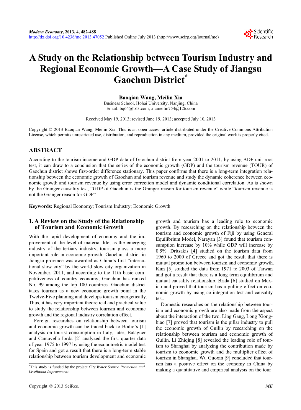 A Study on the Relationship Between Tourism Industry and Regional Economic Growth—A Case Study of Jiangsu Gaochun District*