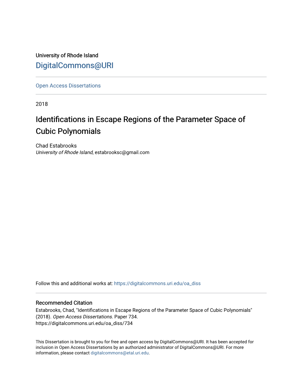 Identifications in Escape Regions of the Parameter Space of Cubic