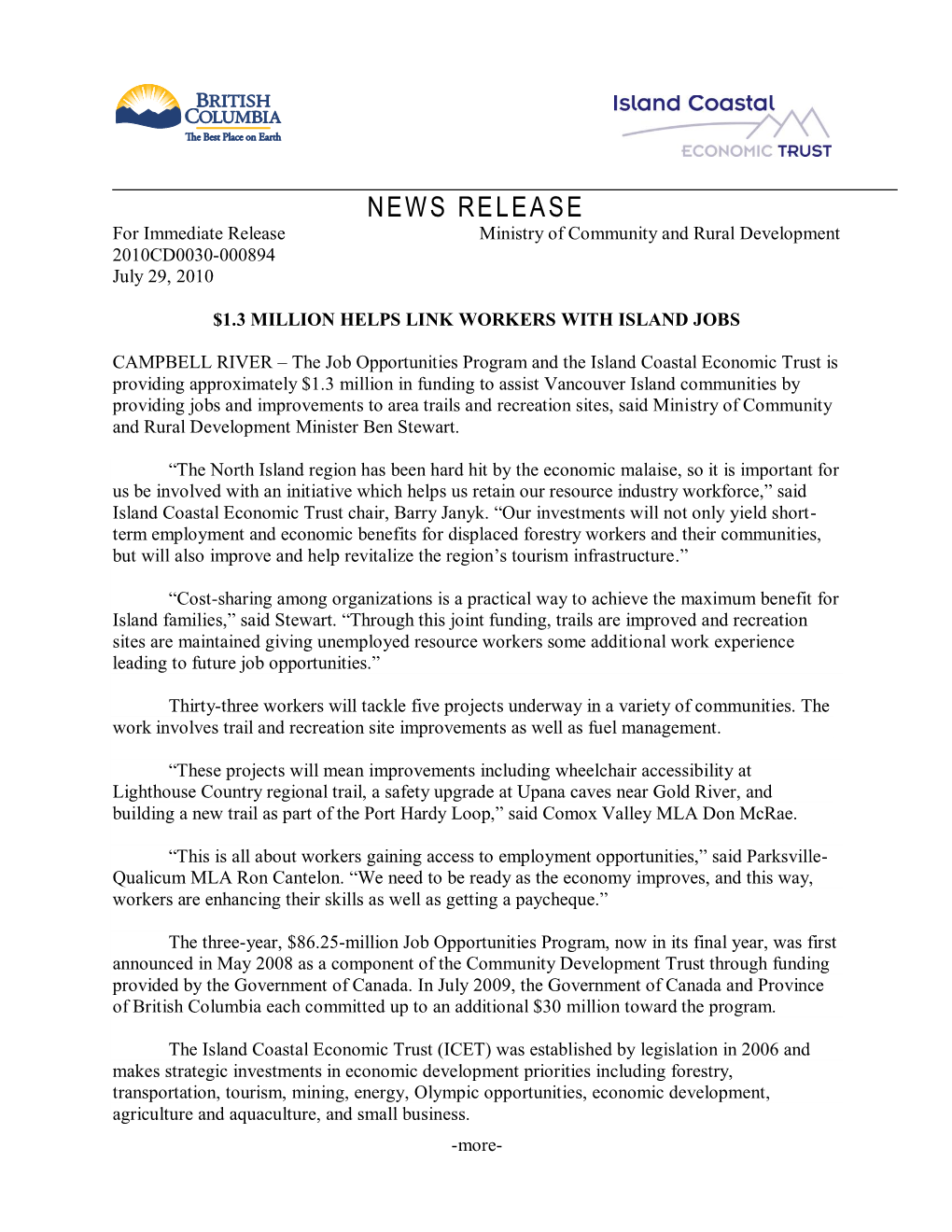 NEWS RELEASE for Immediate Release Ministry of Community and Rural Development 2010CD0030-000894 July 29, 2010