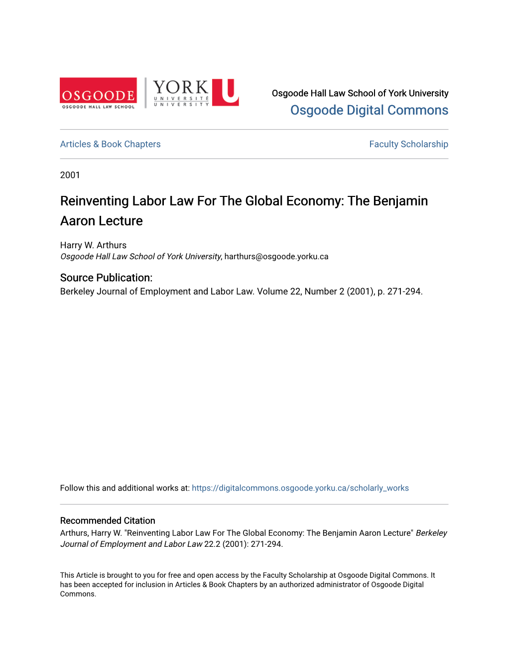 Reinventing Labor Law for the Global Economy: the Benjamin Aaron Lecture