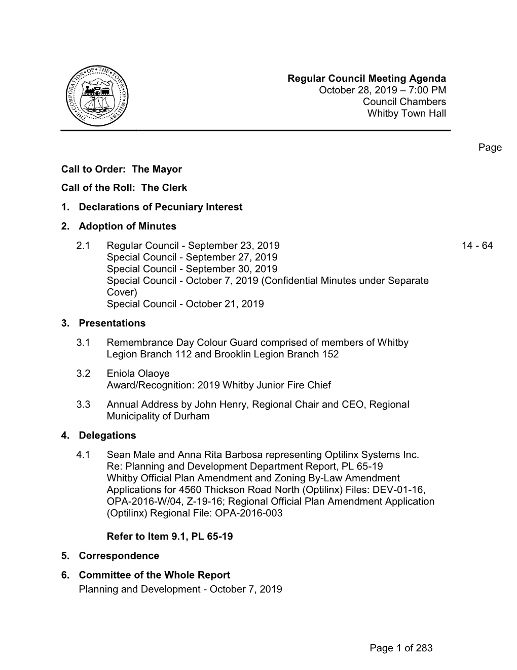 Regular Council Meeting Agenda October 28, 2019 – 7:00 PM Council Chambers Whitby Town Hall