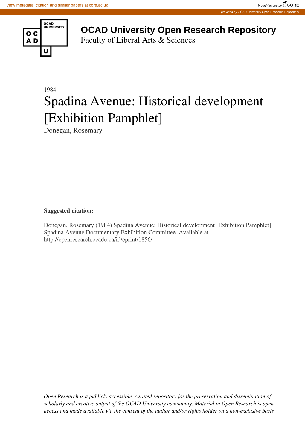Spadina Avenue: Historical Development [Exhibition Pamphlet] Donegan, Rosemary