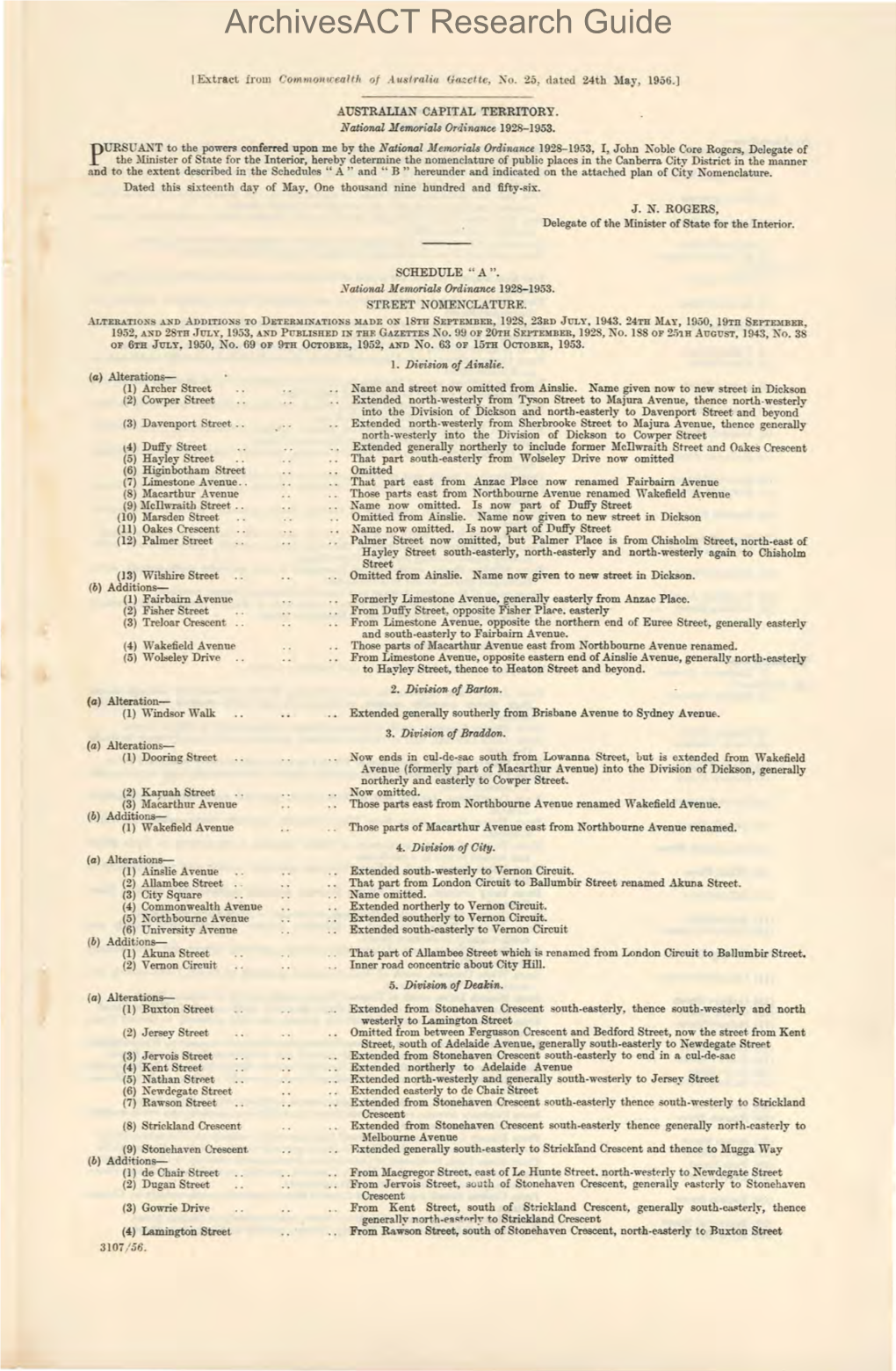Australian Capital Territory National Memorials Ordinance 1928-1953