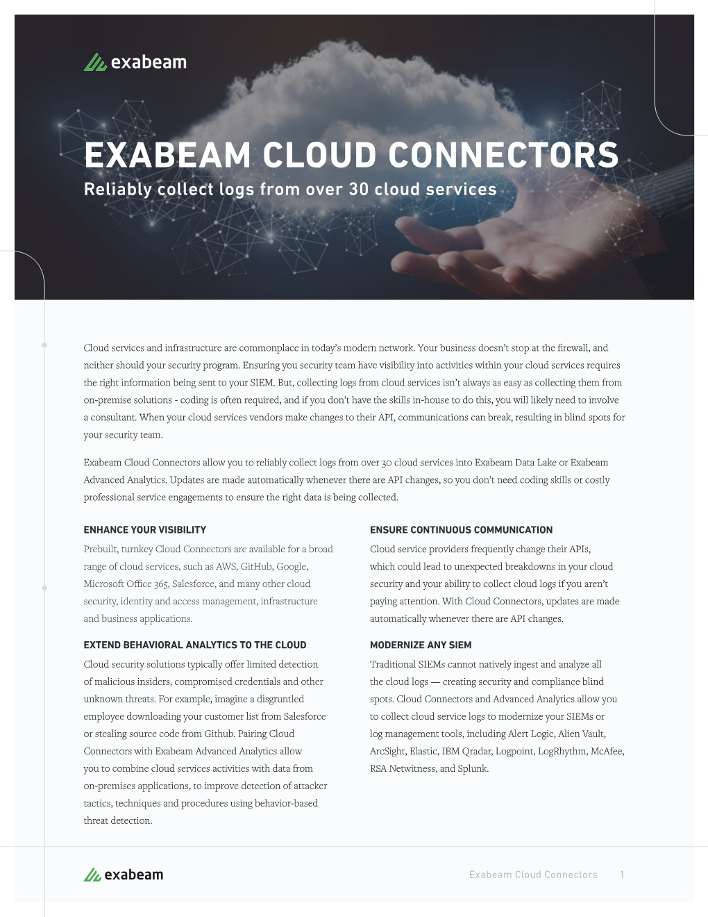 EXABEAM CLOUD CONNECTORS Reliably Collect Logs from Over 30 Cloud Services