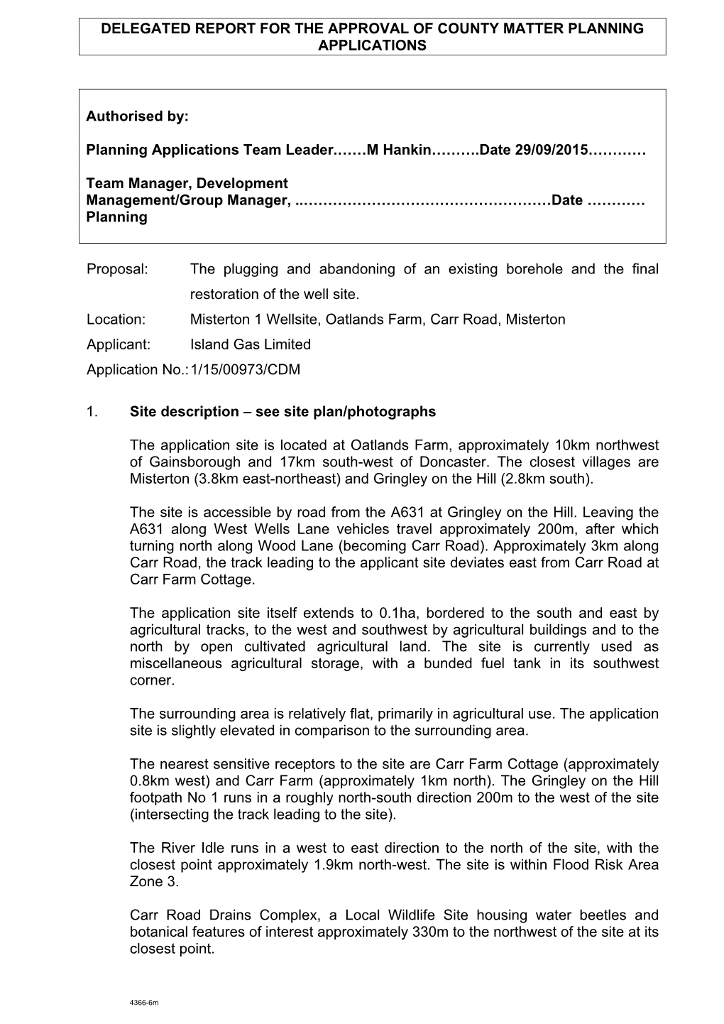 Planning Applications Team Leader.……M Hankin……….Date 29/09/2015…………