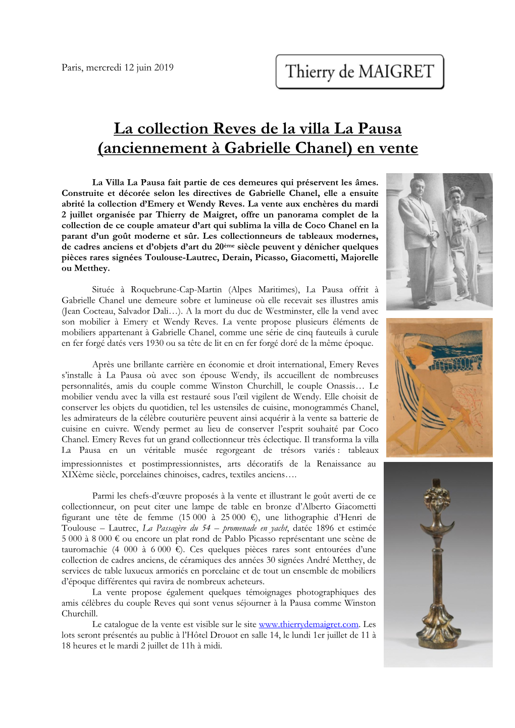 La Collection Reves De La Villa La Pausa (Anciennement À Gabrielle Chanel) En Vente