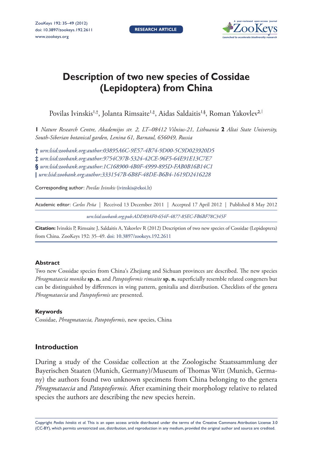 Description of Two New Species of Cossidae (Lepidoptera) from China