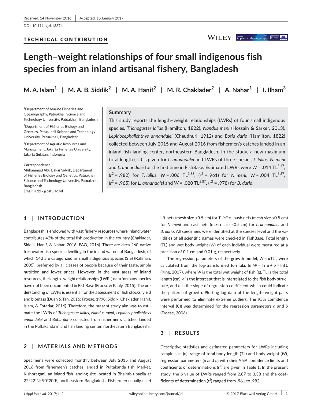 Length–Weight Relationships of Four Small Indigenous Fish Species from an Inland Artisanal Fishery, Bangladesh
