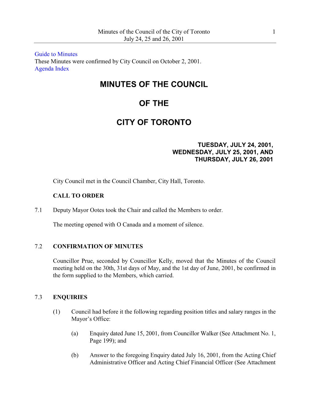 Minutes of the Council of the City of Toronto 1 July 24, 25 and 26, 2001