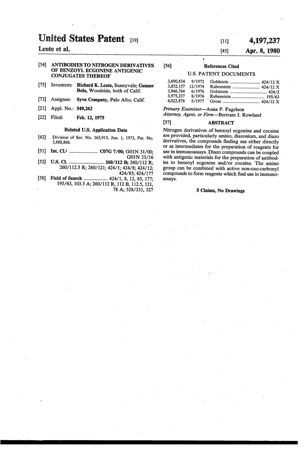 United States Patent (19) 11 4,197,237 Letate Et Al