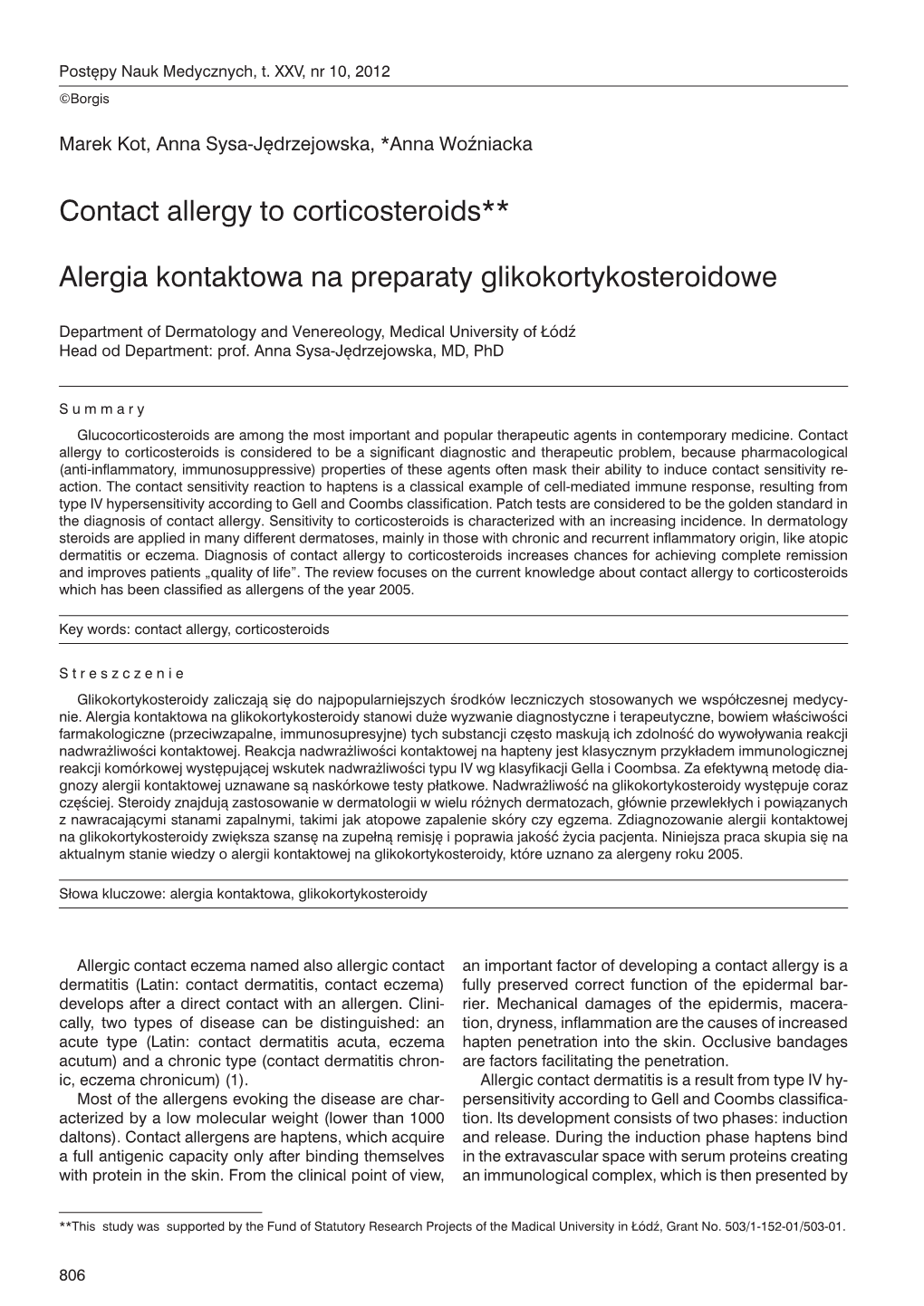 Contact Allergy to Corticosteroids** Alergia Kontaktowa Na Preparaty