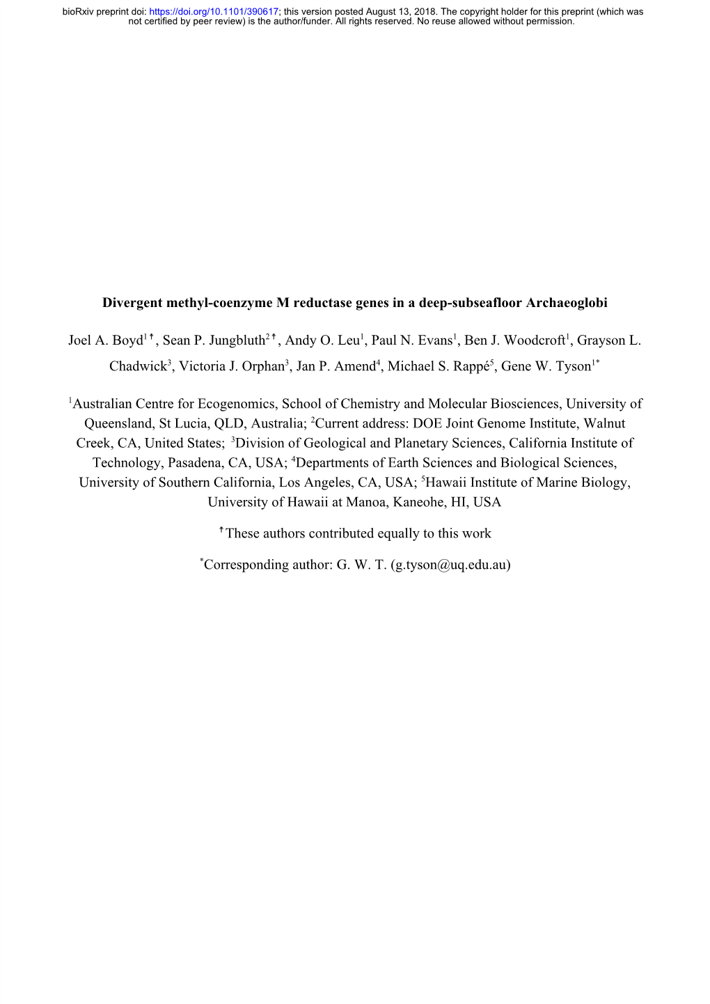 Divergent Methyl-Coenzyme M Reductase Genes in a Deep-Subseafloor Archaeoglobi