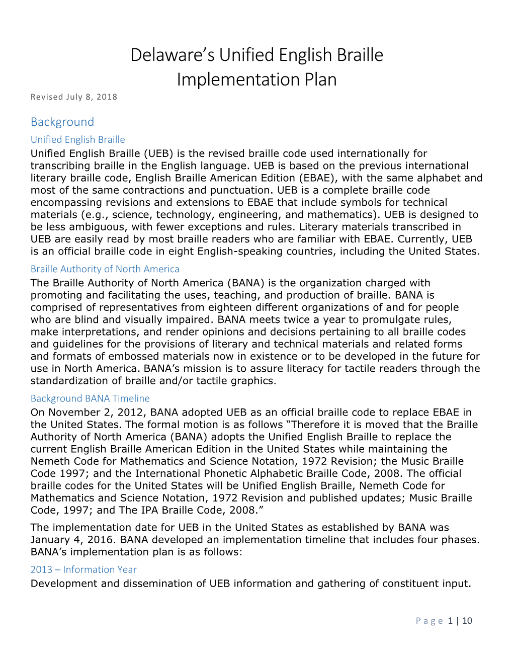 Delaware's Unified English Braille Implementation Plan