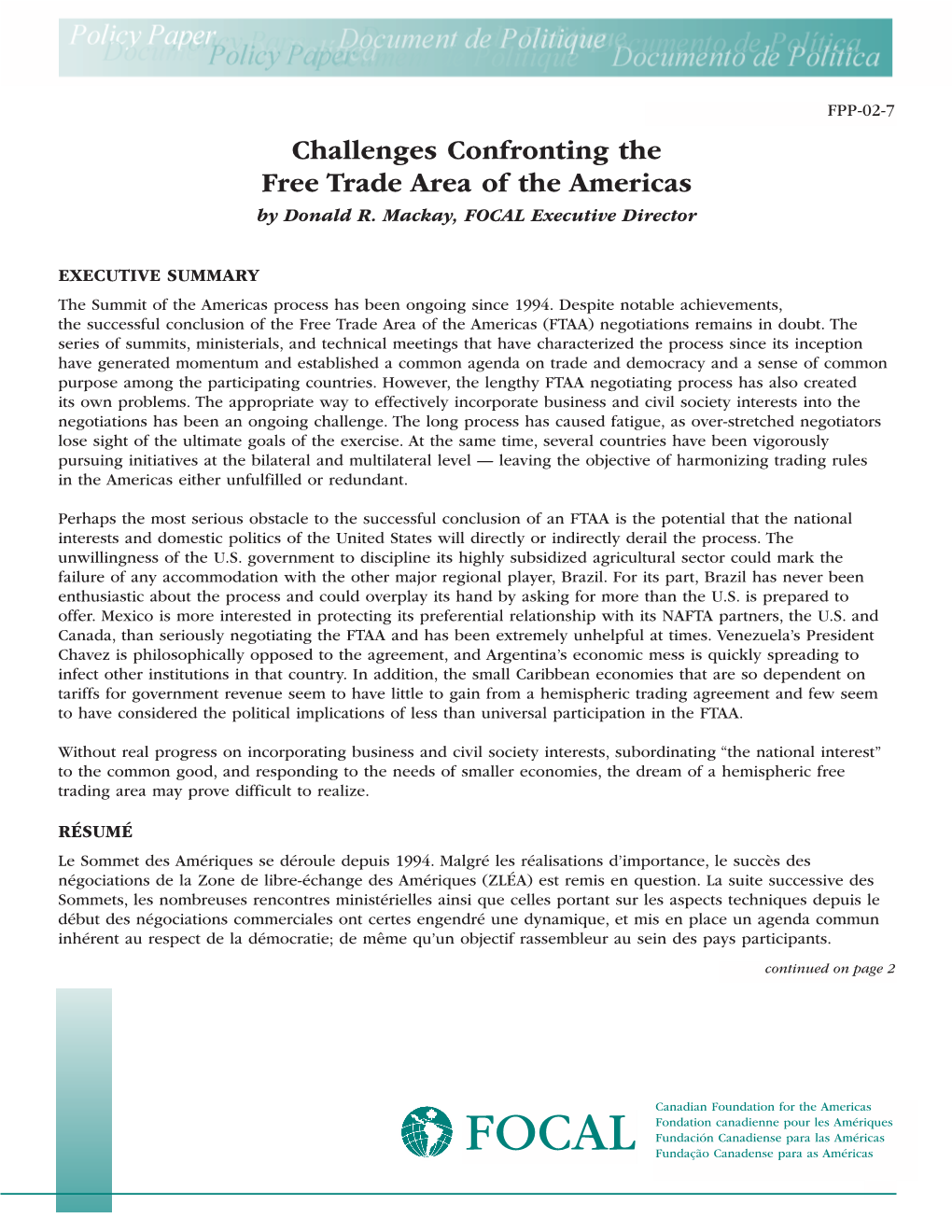 Challenges Confronting the Free Trade Area of the Americas by Donald R