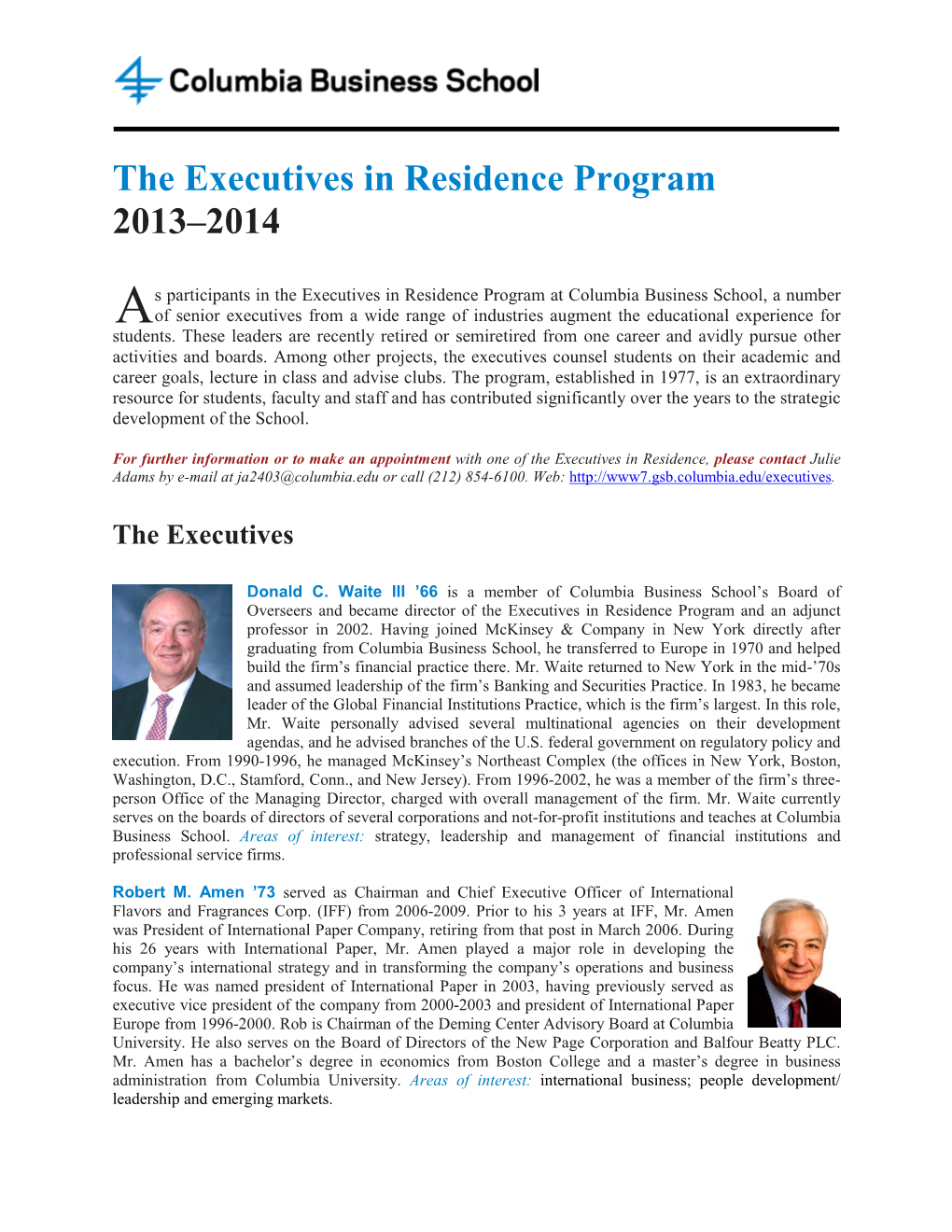 The Executives in Residence Program 2013–2014