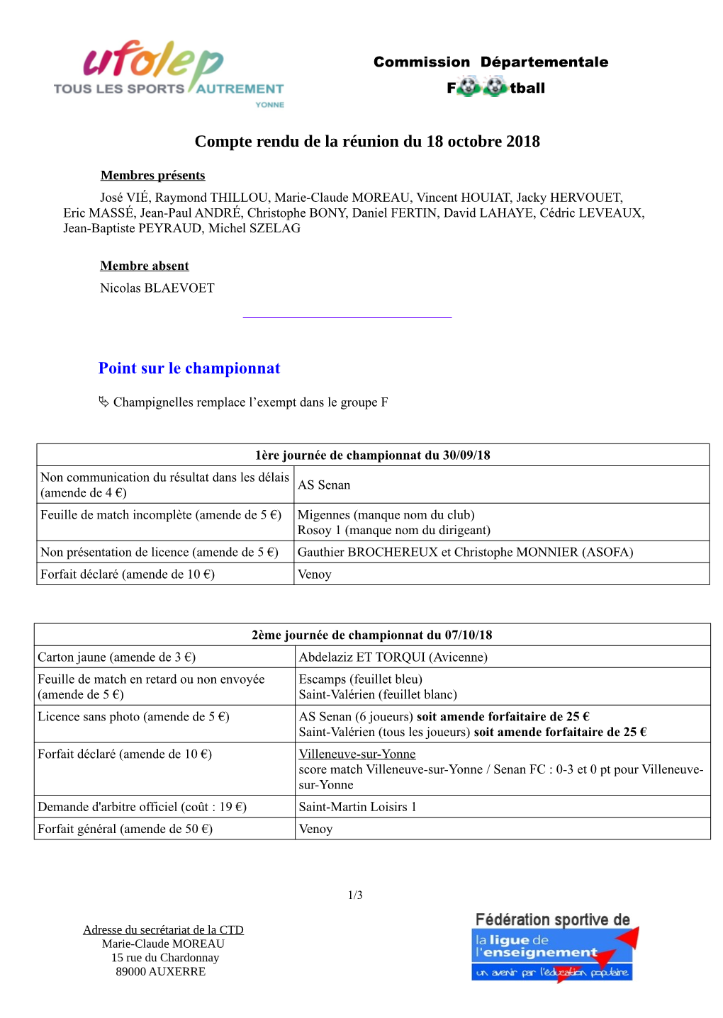 Compte Rendu De La Réunion Du 18 Octobre 2018 Point Sur Le Championnat