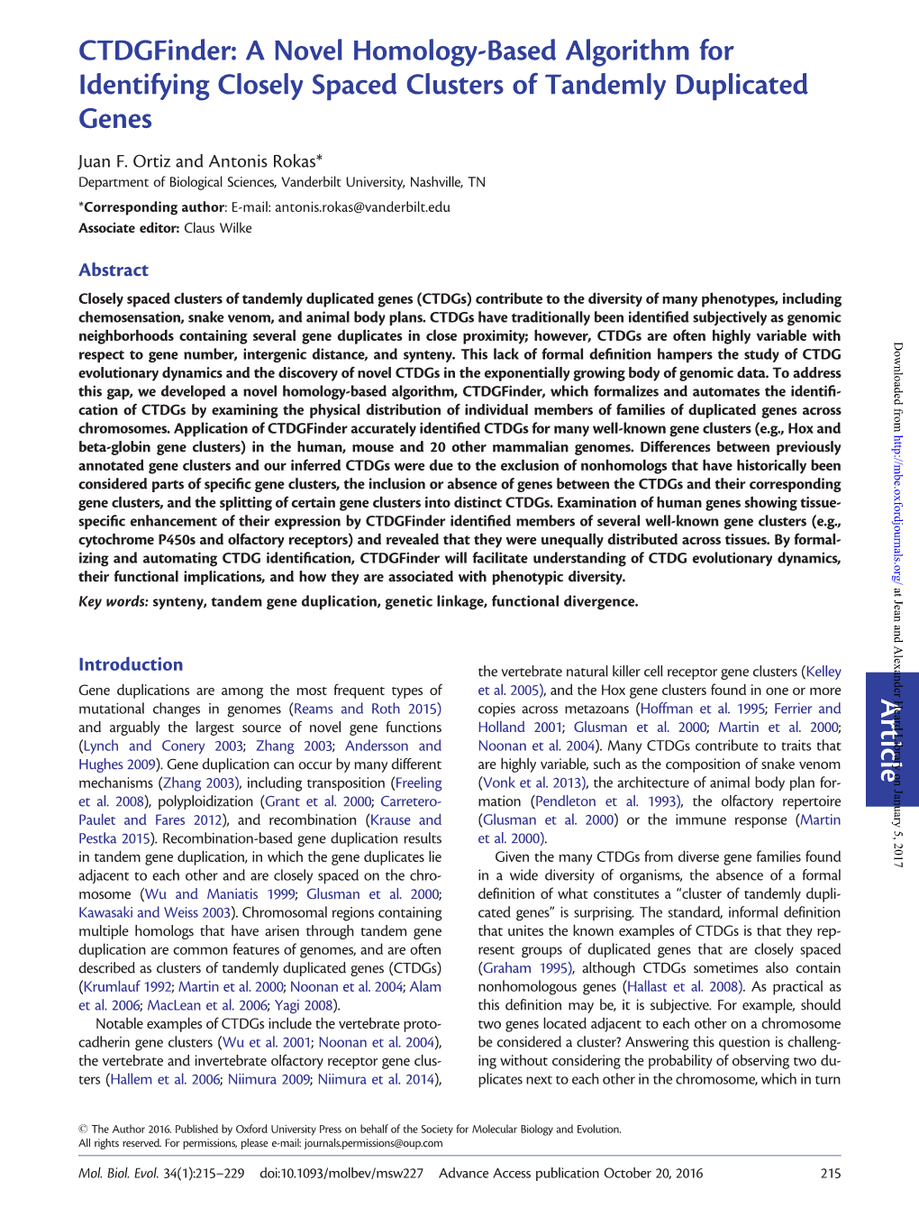 A Novel Homology-Based Algorithm for Identifying Closely Spaced Clusters of Tandemly Duplicated Genes Juan F