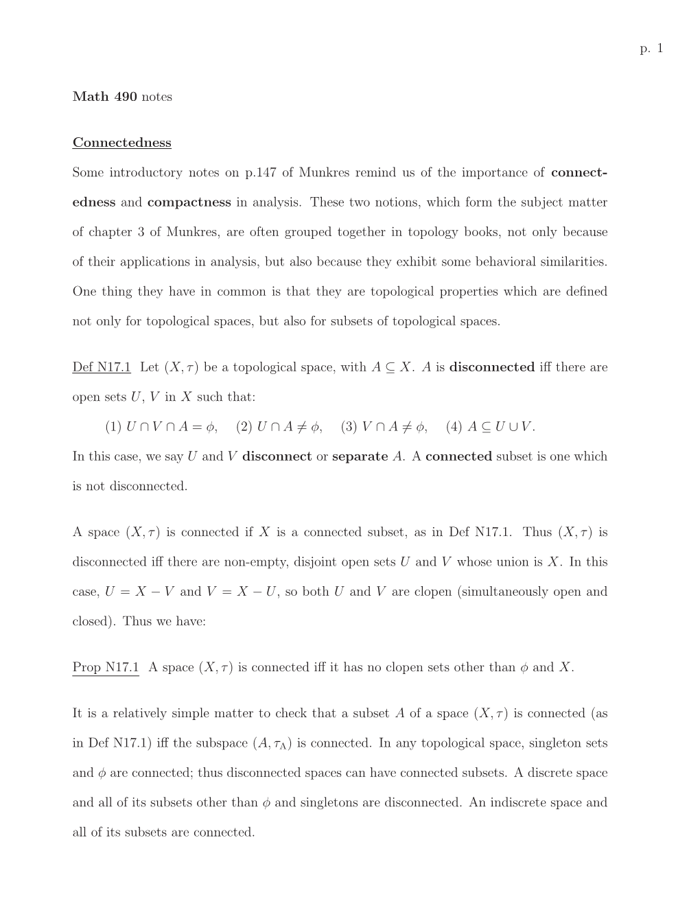 P. 1 Math 490 Notes Connectedness Some Introductory Notes on P.147