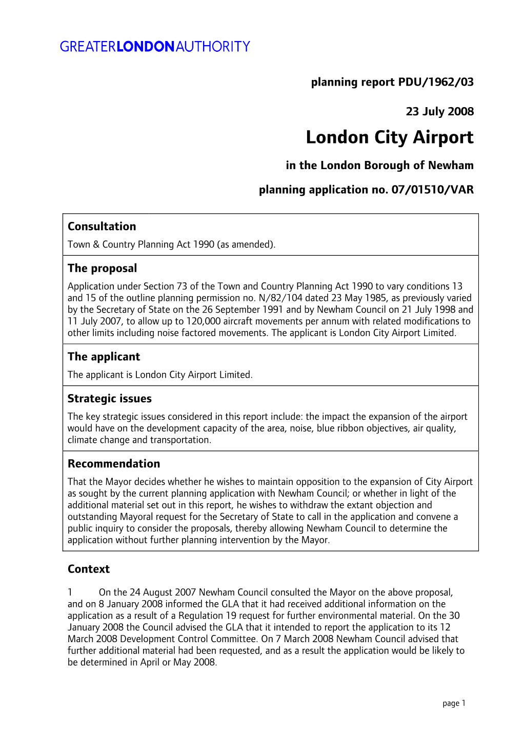 London City Airport in the London Borough of Newham Planning Application No
