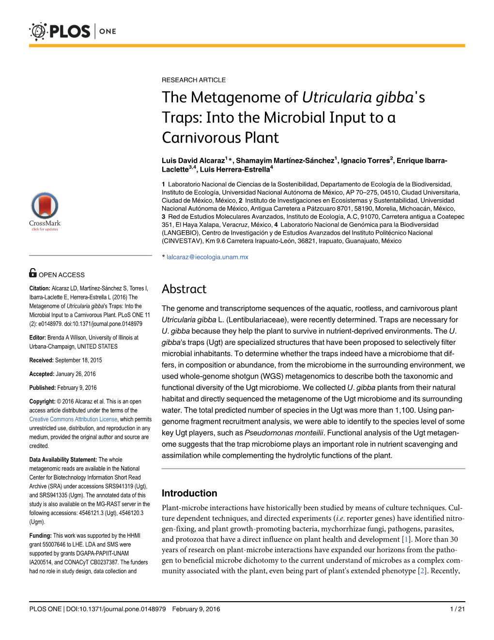 The Metagenome of Utricularia Gibba's Traps: Into the Microbial Input to a Carnivorous Plant