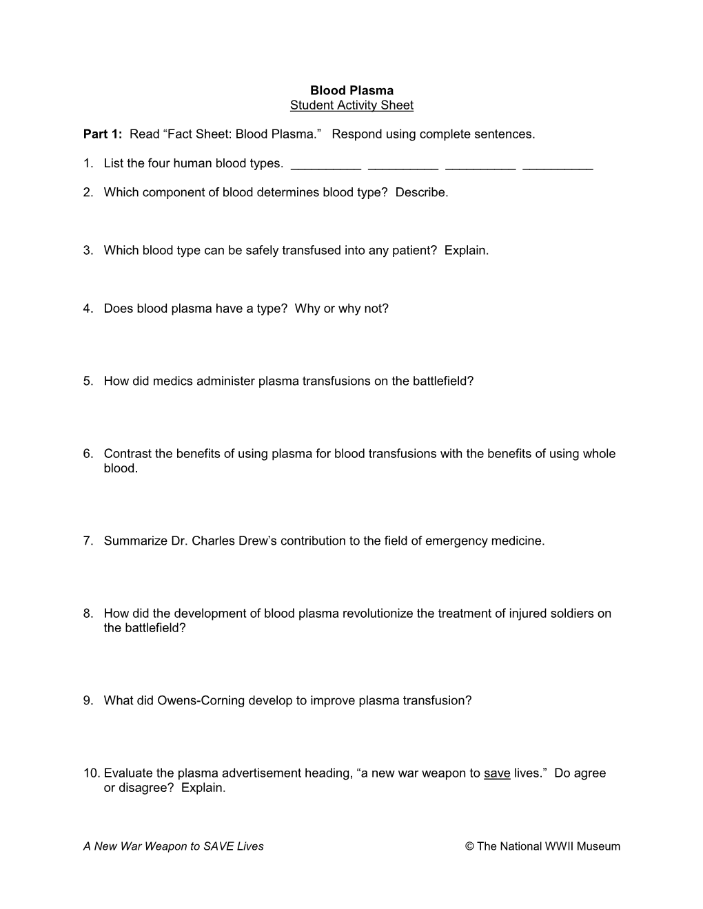 Blood Plasma Student Activity Sheet Part 1: Read