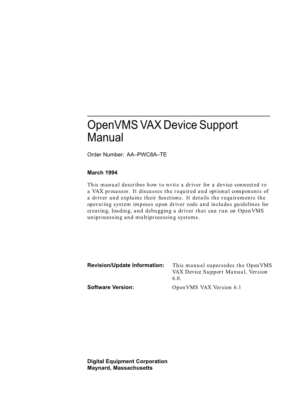 Openvms VAX Device Support Manual