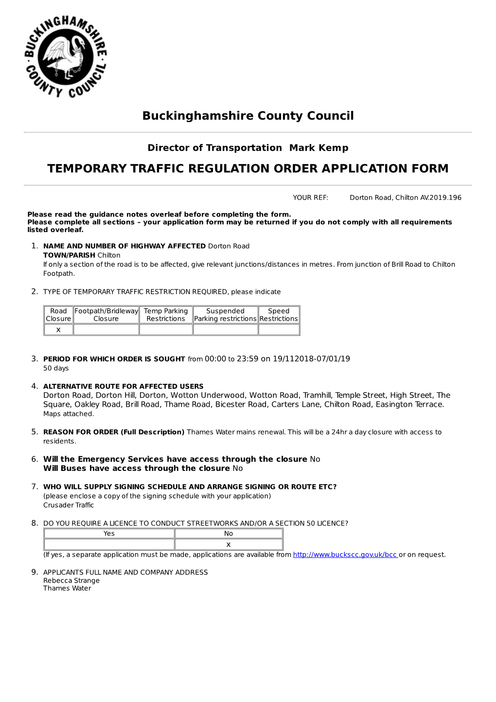 Temporary Traffic Regulation Order Application Form