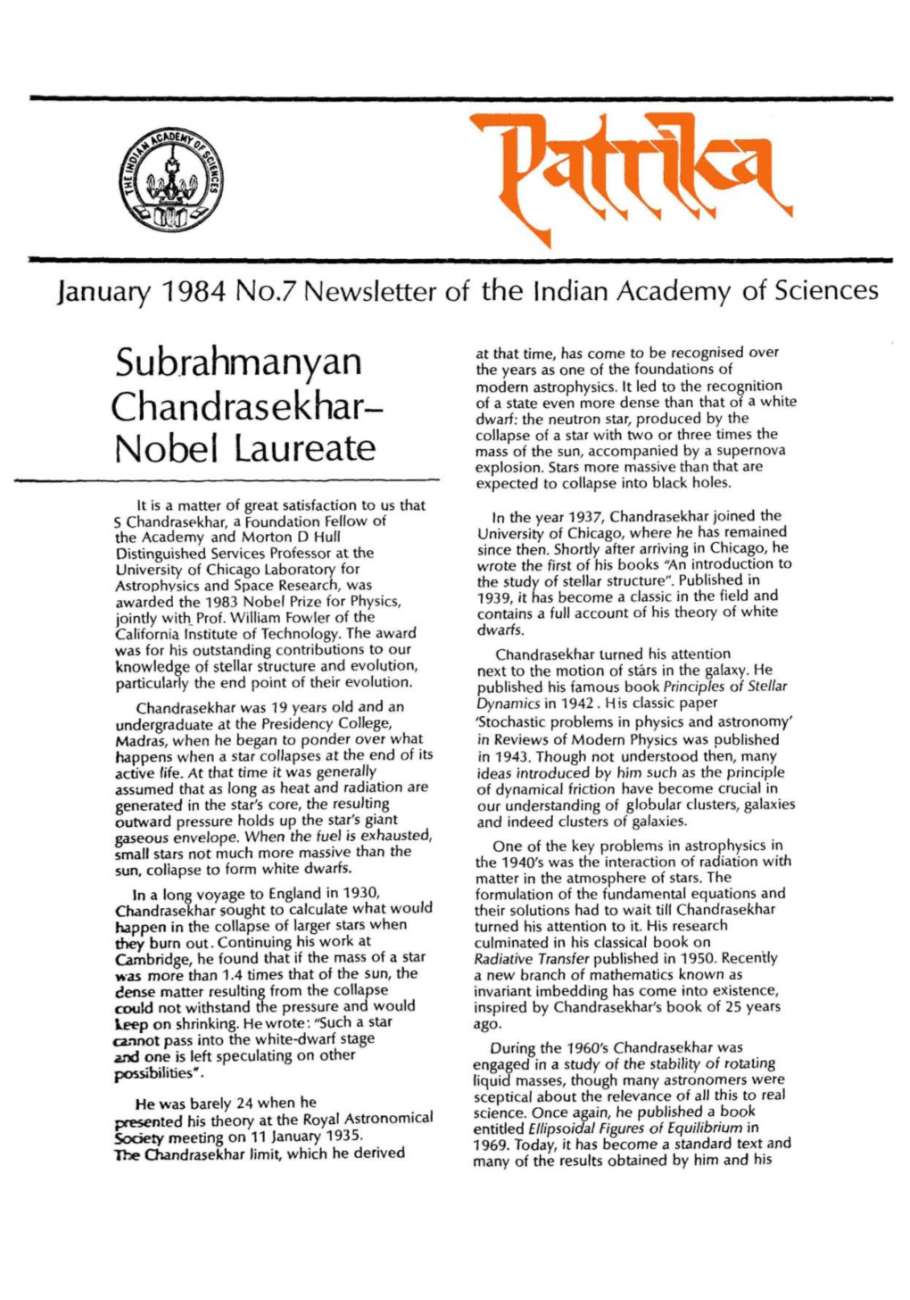 Subrahmanyan Chandrasekhar- Nobel Laureate