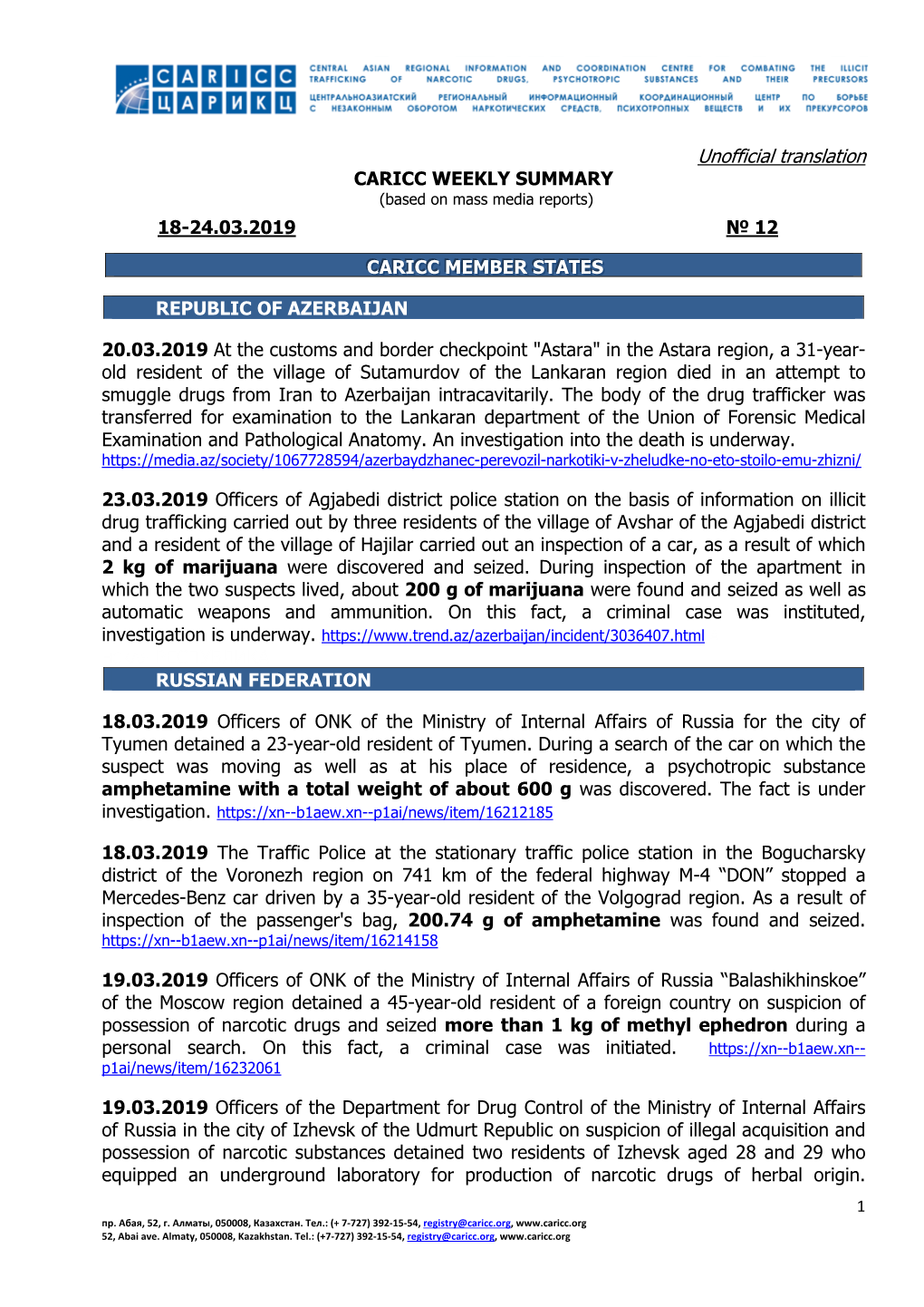 Unofficial Translation CARICC WEEKLY SUMMARY (Based on Mass Media Reports)