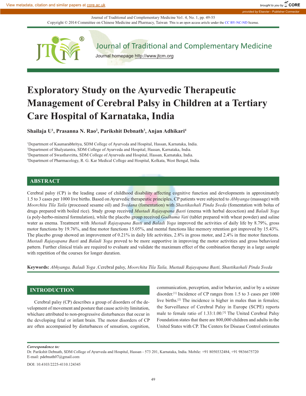 Exploratory Study on the Ayurvedic Therapeutic Management of Cerebral Palsy in Children at a Tertiary Care Hospital of Karnataka, India