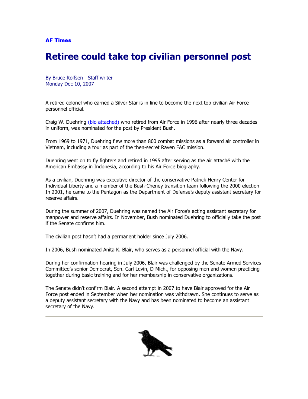 Retiree Could Take Top Civilian Personnel Post