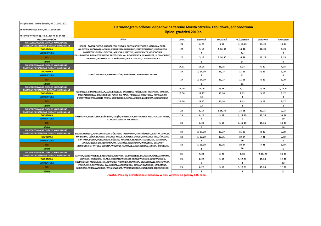 Harmonogram Odbioru Odpadów Na Terenie Miasta Strzelin- Zabudowa Jednorodzinna ZPHU KOMUS Sp
