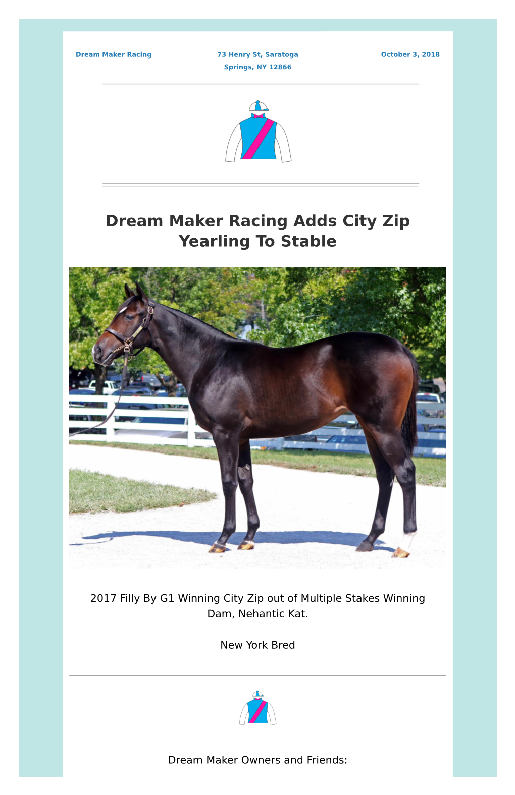 Dream Maker Racing Adds City Zip Yearling to Stable