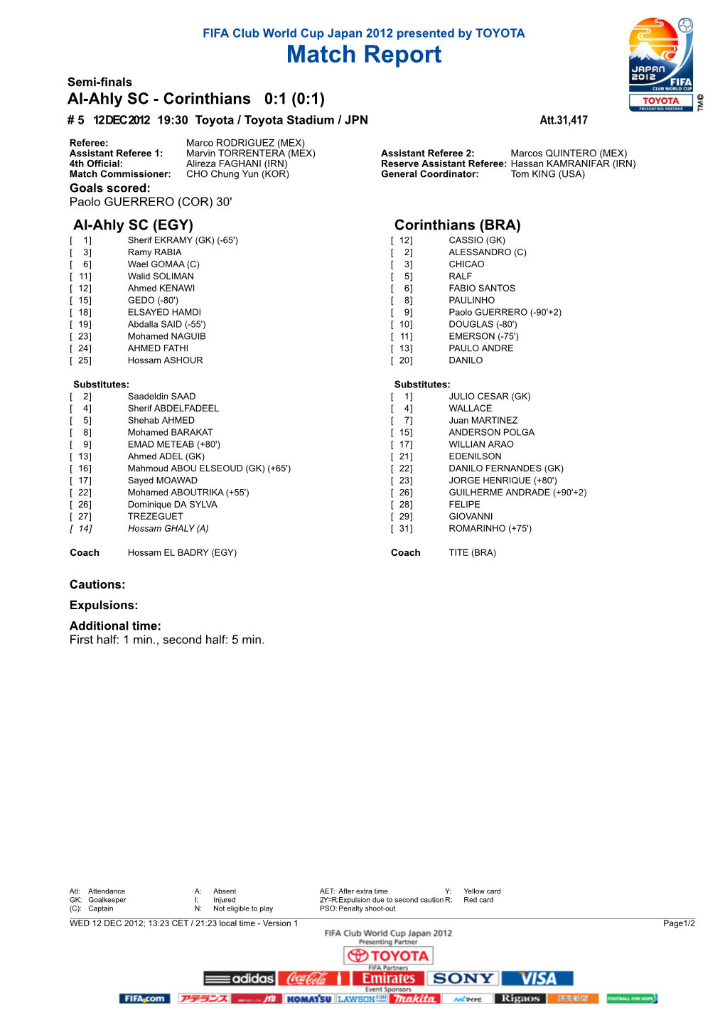 Match Report Semi-Finals Al-Ahly SC - Corinthians 0:1 (0:1) # 5 12 DEC 2012 19:30 Toyota / Toyota Stadium / JPN Att.31,417