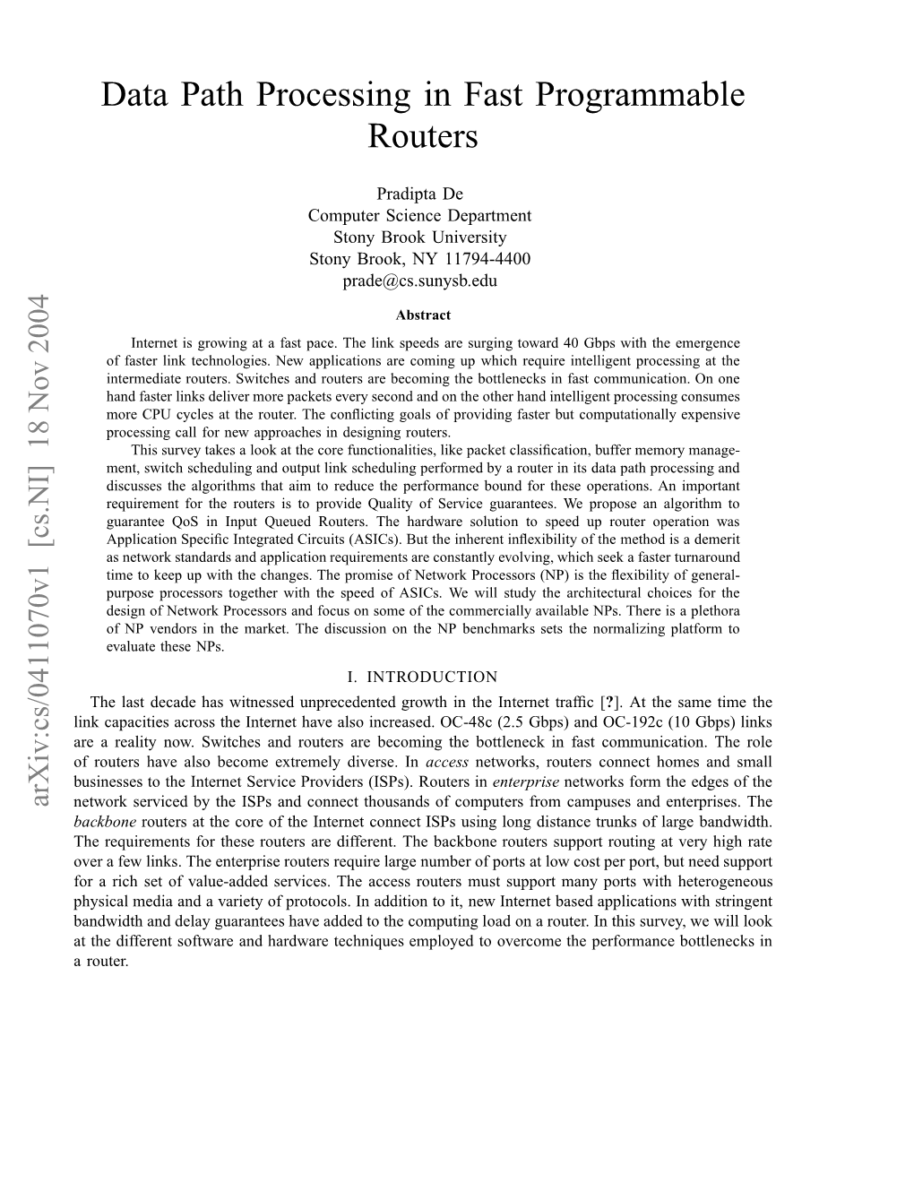 Data Path Processing in Fast Programmable Routers