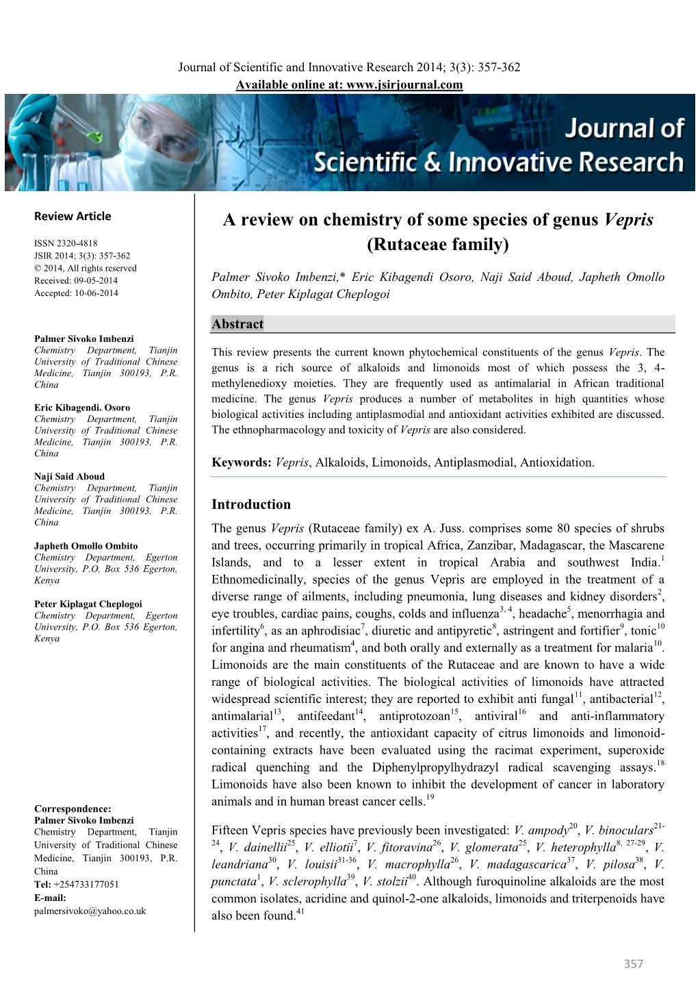 A Review on Chemistry of Some Species of Genus Vepris (Rutaceae Family)