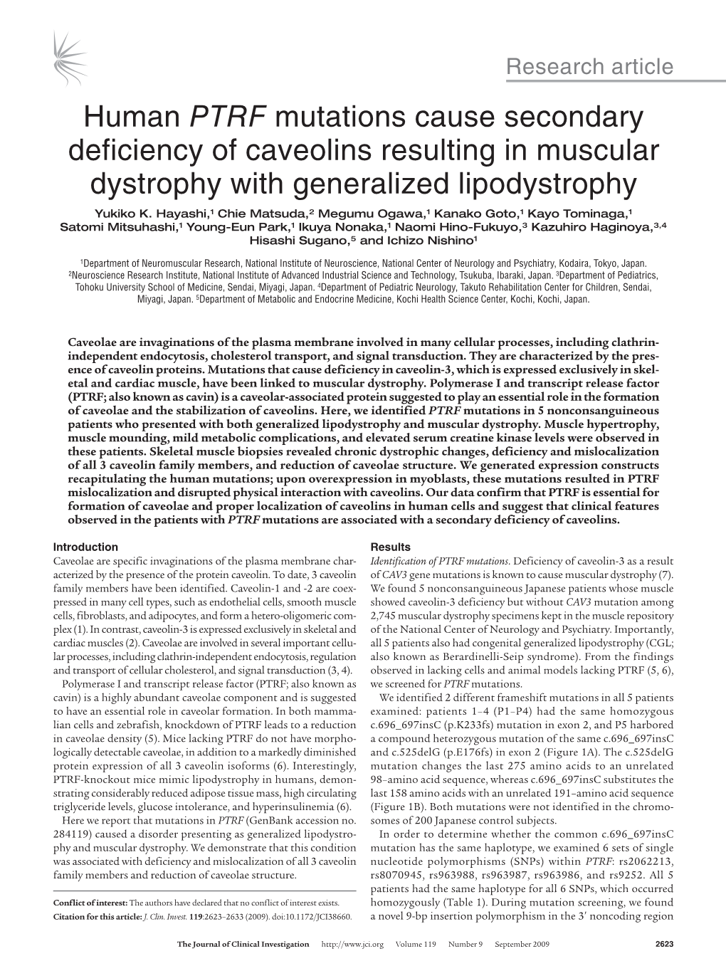 Human PTRF Mutations Cause Secondary Deficiency of Caveolins Resulting in Muscular Dystrophy with Generalized Lipodystrophy Yukiko K