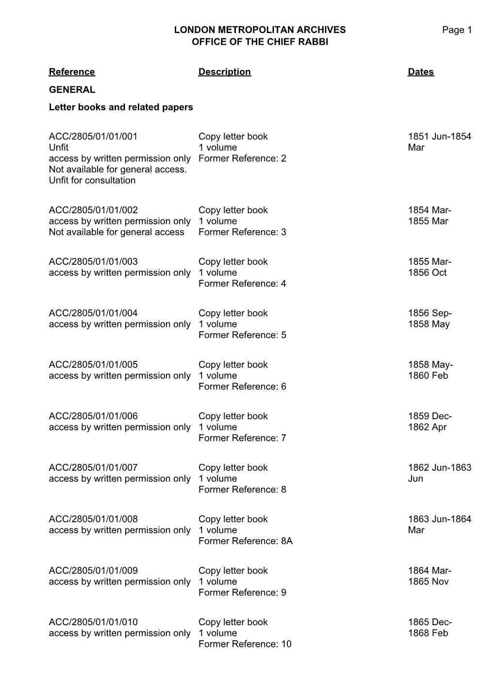 LONDON METROPOLITAN ARCHIVES OFFICE of the CHIEF RABBI ACC/2805 Page 1 Reference Description Dates GENERAL Letter Books and Rela