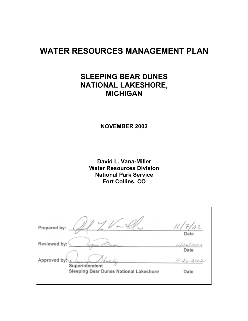 Water Resources Management Plan, Sleeping Bear Dunes National