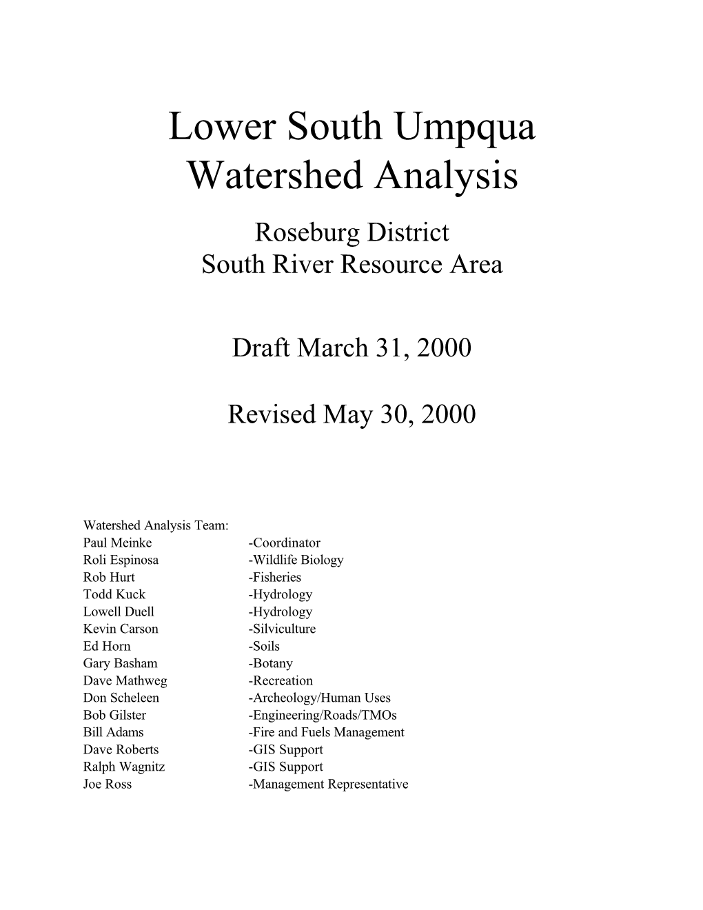 Lower South Umpqua Watershed Analysis Roseburg District South River Resource Area