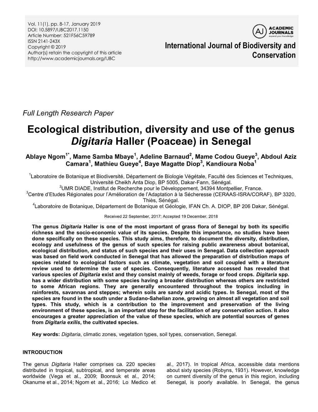 Ecological Distribution, Diversity and Use of the Genus Digitaria Haller (Poaceae) in Senegal