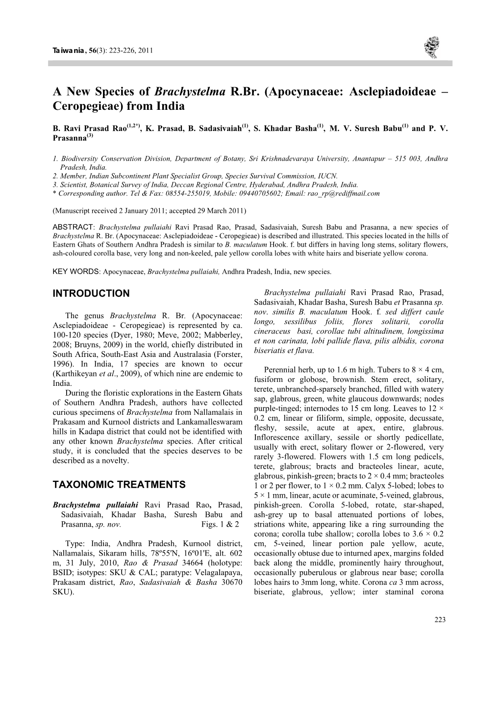 A New Species of Brachystelma R.Br. (Apocynaceae: Asclepiadoideae – Ceropegieae) from India