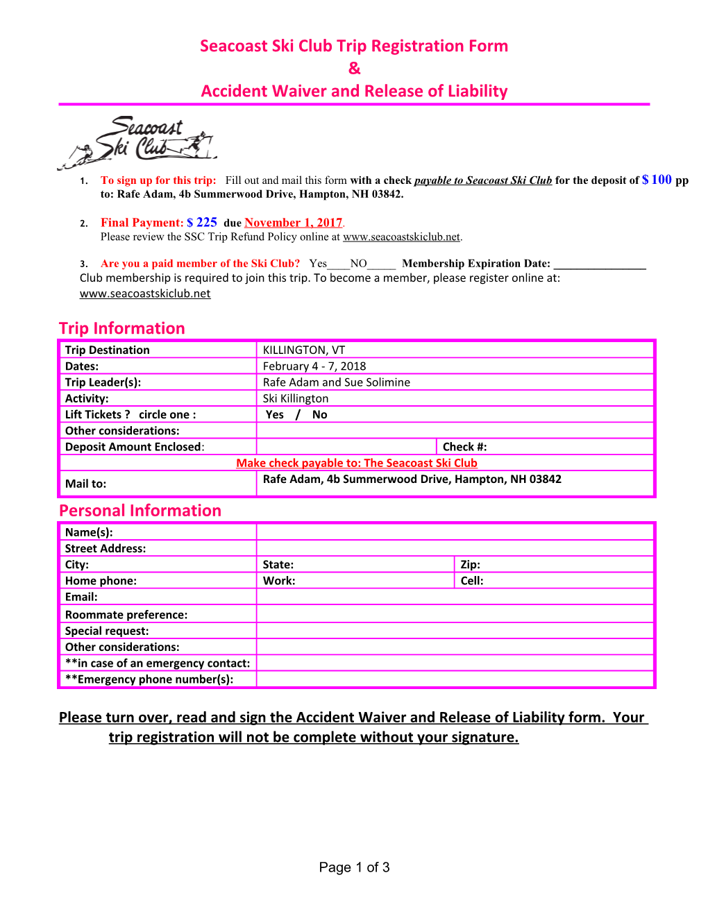 Seacoast Ski Club Trip Registration Form