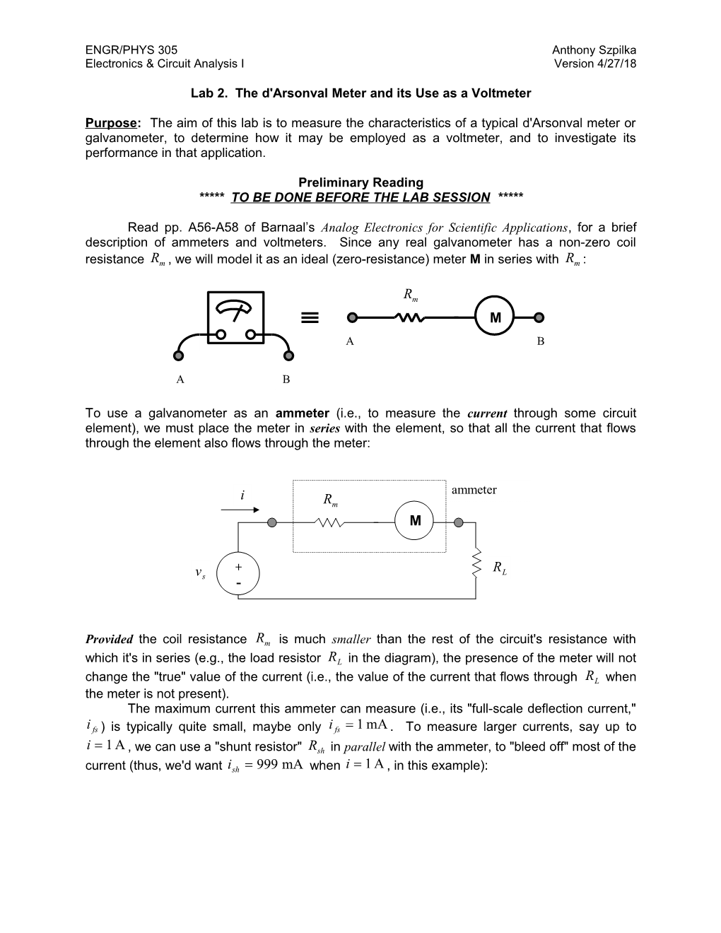 Lab 2. the D'arsonval Meter and Its Use As a Voltmeter